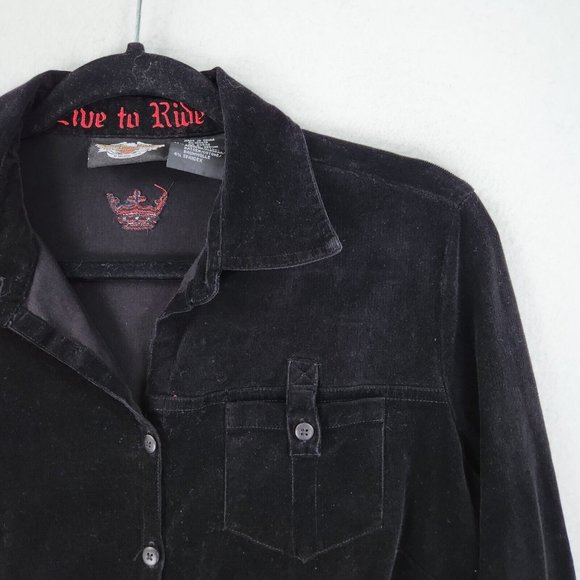 Harley Davidson Shirt Womens Medium Black Micro Cord Embroidered Dragon Corduroy - Picture 2 of 13